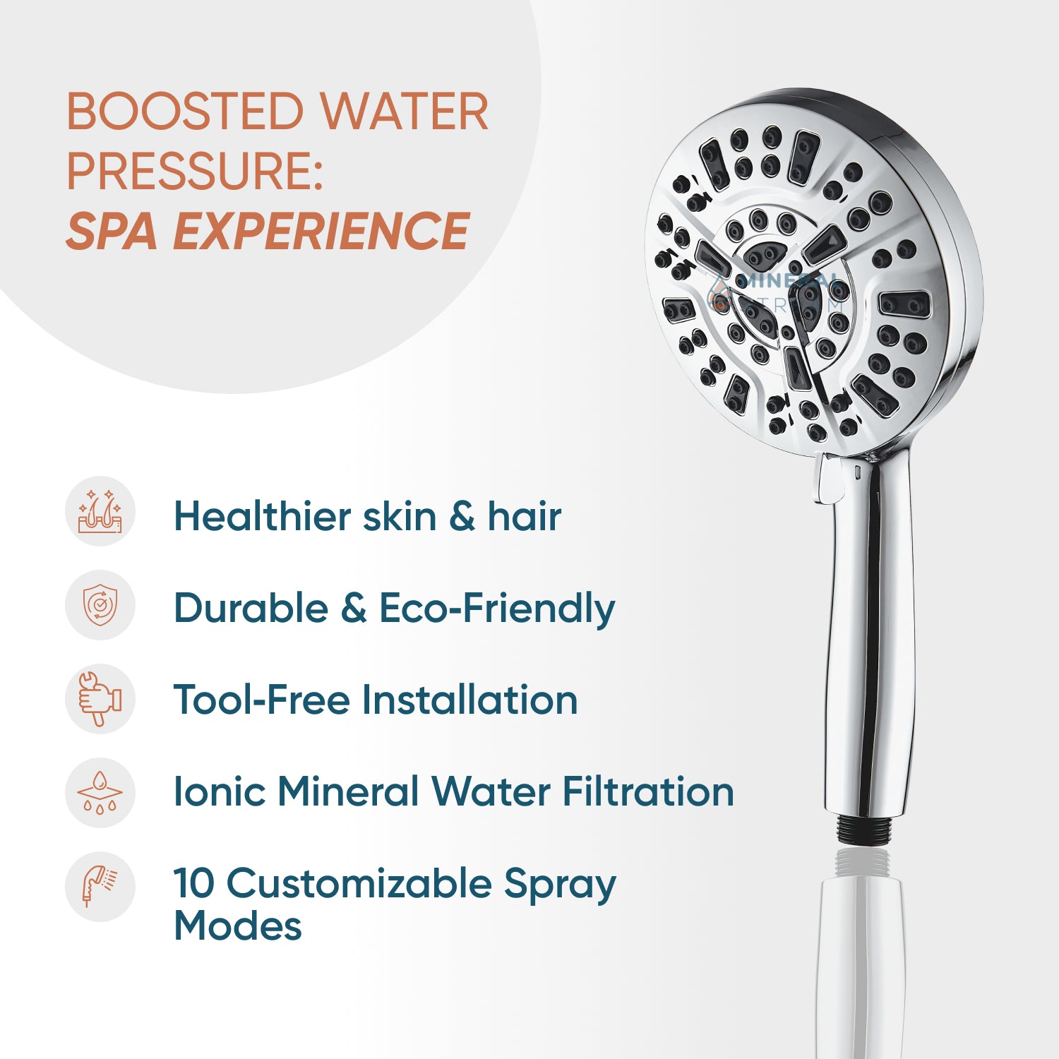 MineralStream Luxe 10 Mode Mode High Pressure Dower Head (Wirowered)